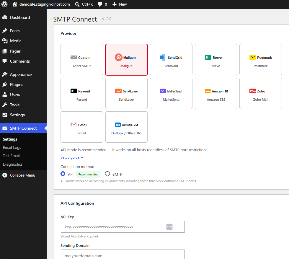 SMTP Connect settings screen with the email provider picker — Mailgun, SendGrid, Amazon SES and more — and API or SMTP connection options