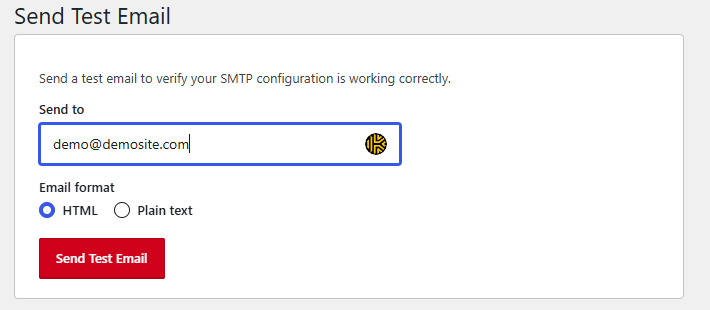 SMTP Connect Send Test Email tool with a recipient field and HTML or plain-text format options
