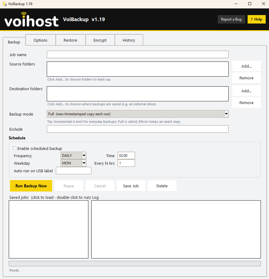 VoiBackup main window: a backup job with source and destination folders, backup mode, and scheduling options