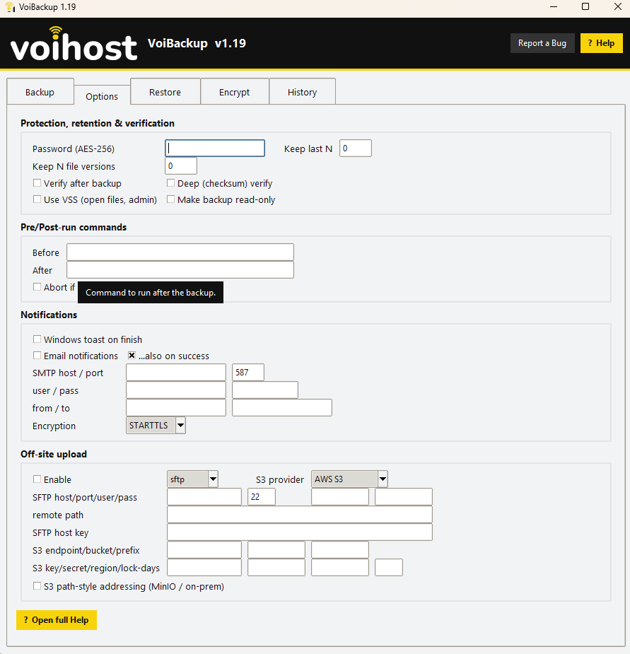 VoiBackup Options tab showing AES-256 encryption, retention, verification, notifications, and off-site upload to SFTP or S3