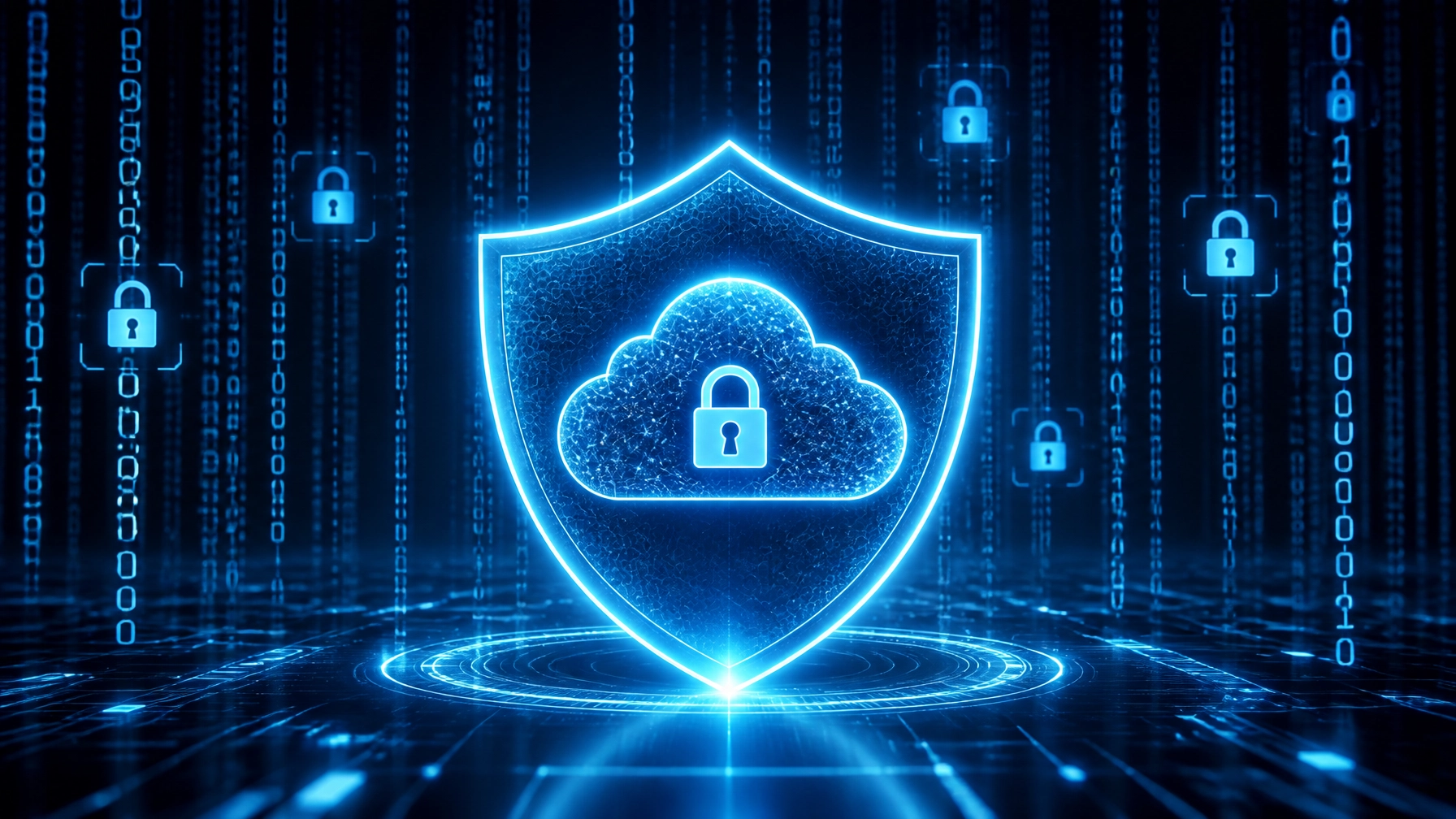 Blue neon shield surrounding a cloud with a padlock, symbolizing cloud security in a digital realm.