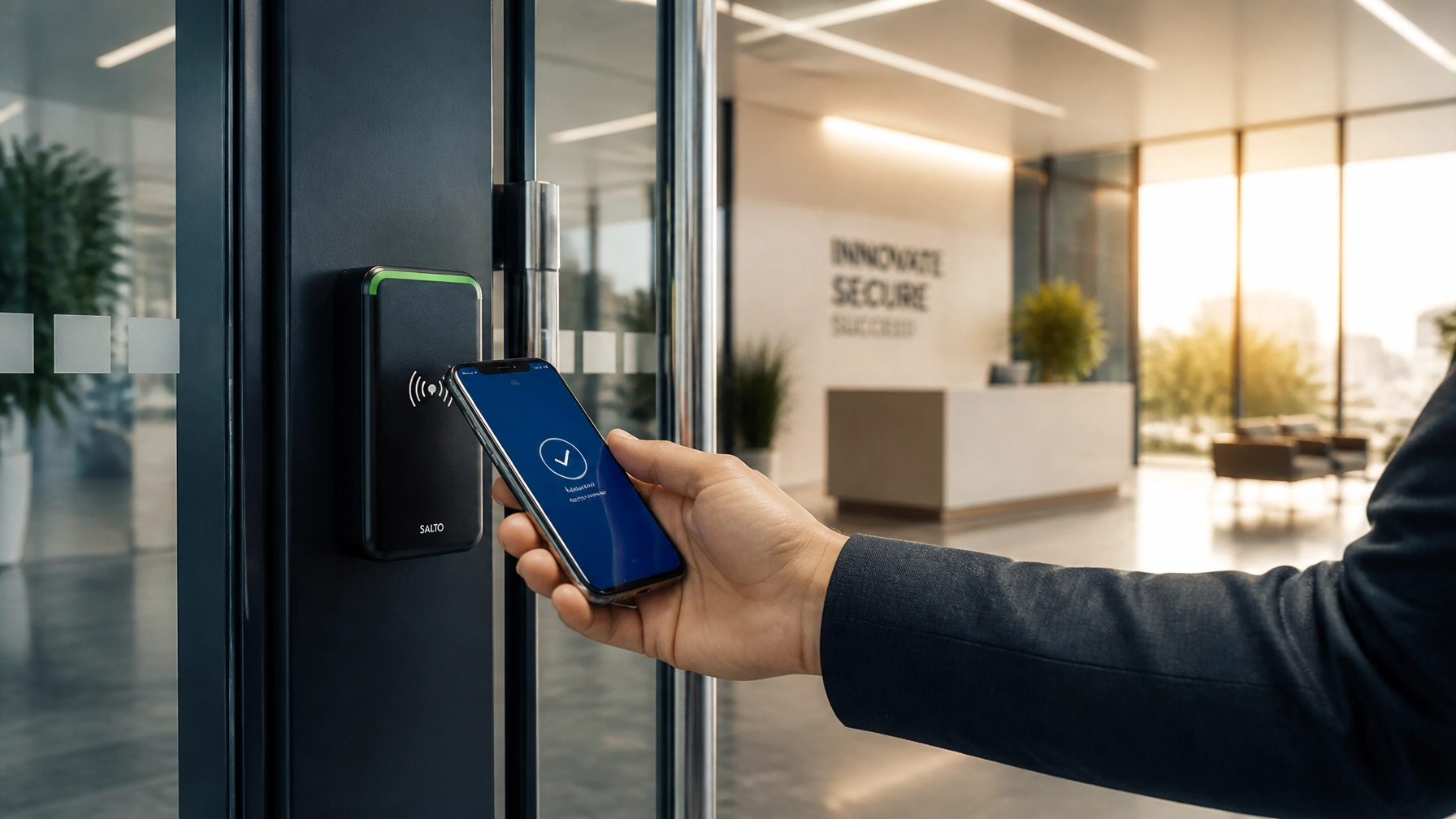 Person uses a smartphone to unlock a glass door with a contactless access reader in a modern office lobby, green accent on device edgee.