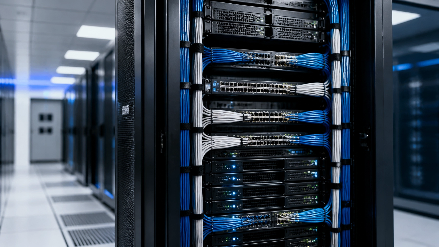 Row of server racks in a data center with neatly bundled blue and white network cables.