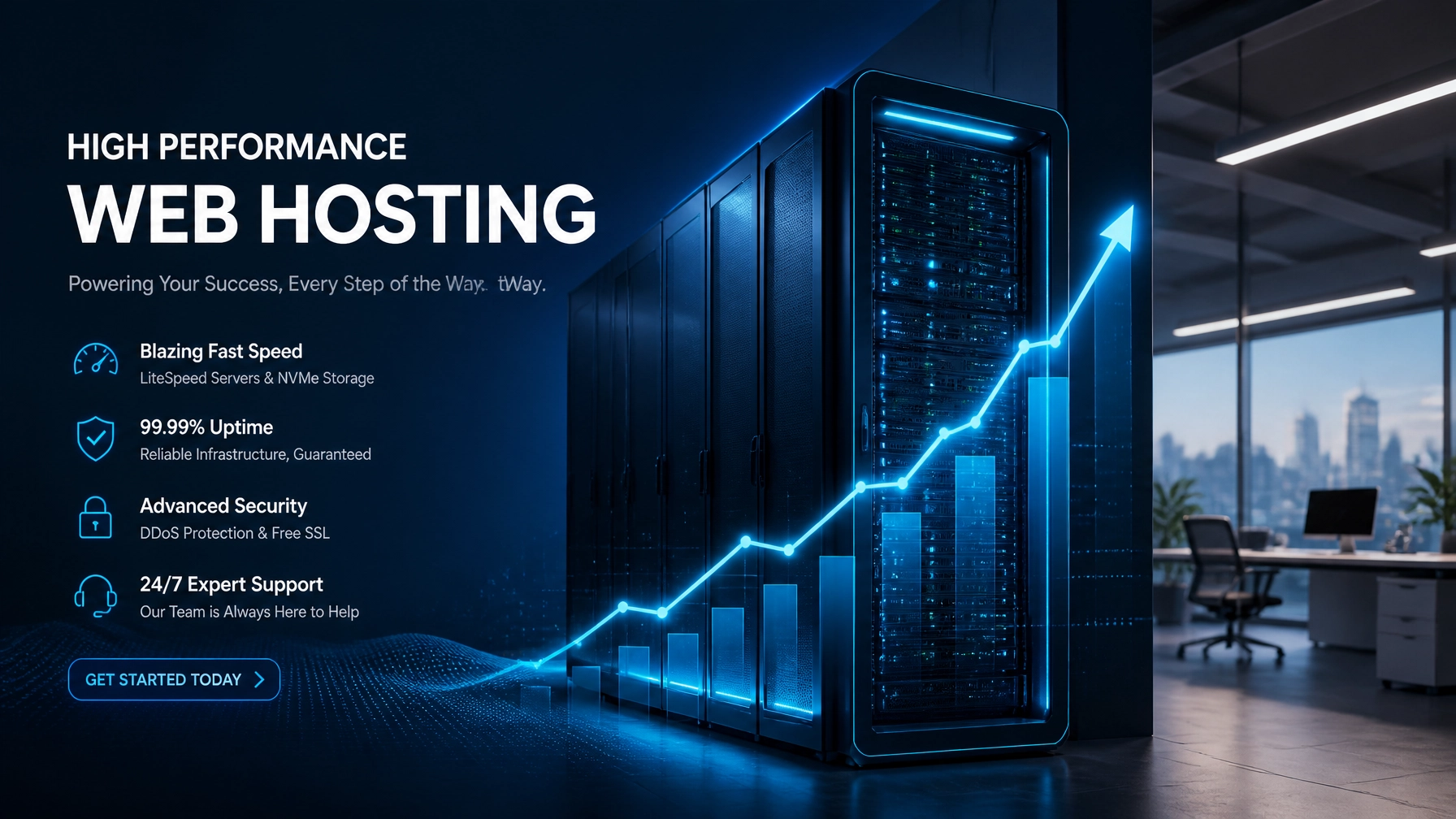 Hero banner for high performance web hosting with a blue data center and rising graph visuals on the right side
