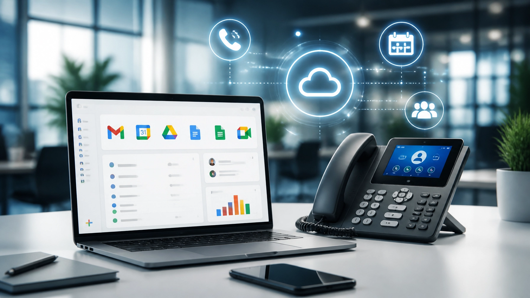 Laptop displaying Google apps on a white desk, with a desk phone and smartphone nearby in a modern office, plus glowing cloud icons overhead to indicate cloud collaboration.