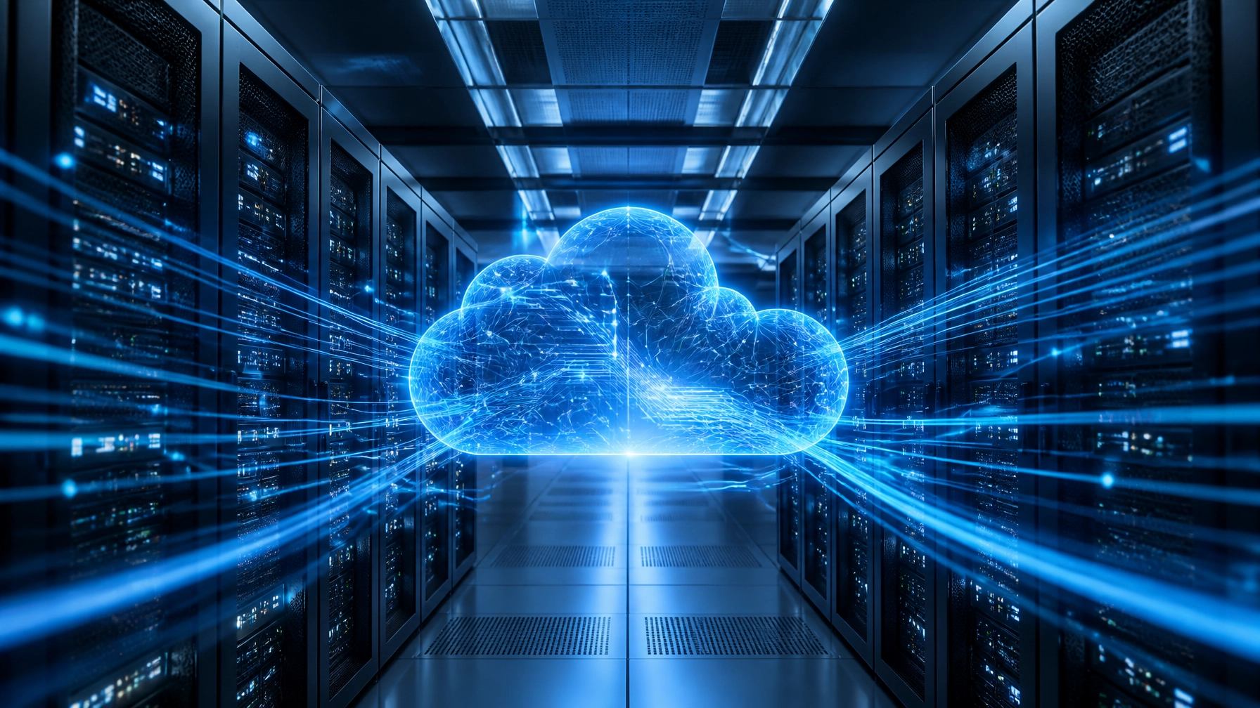 Blue holographic cloud hovering over a data center with server racks, symbolizing cloud computing.