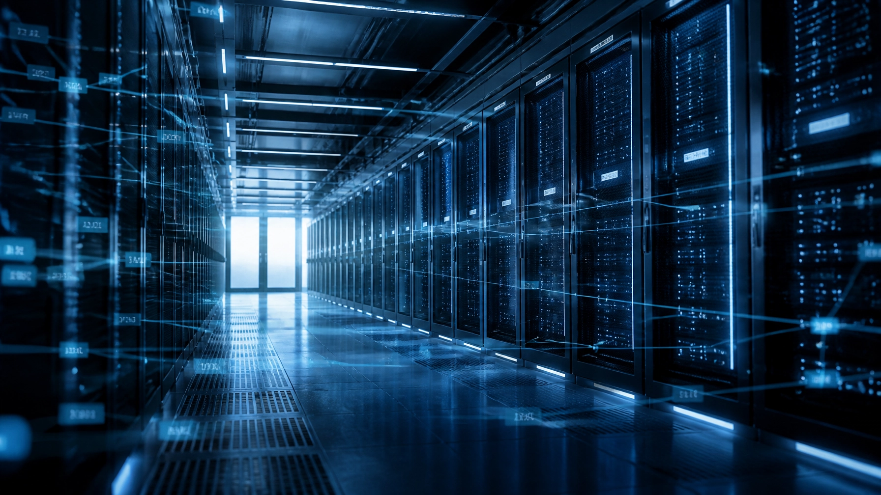 Data center corridor with blue-lit server racks on both sides, glowing panels and cables visible.