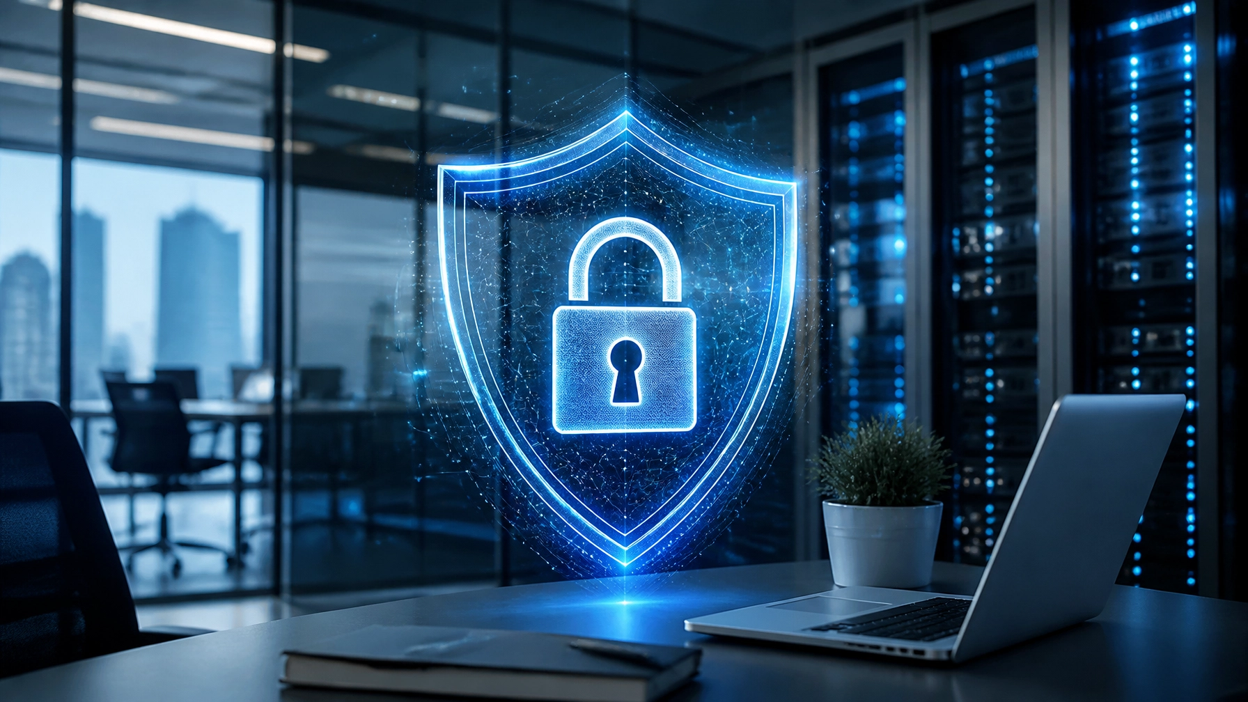 Holographic blue shield with a lock in a server room, symbolizing cybersecurity in a data center.