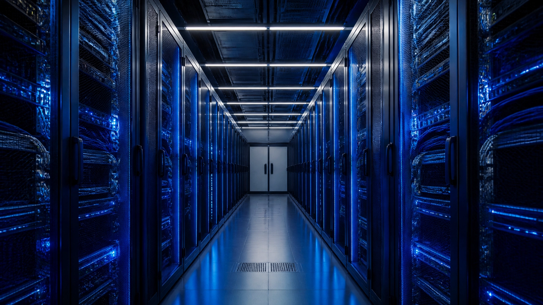 Data center hallway with blue-lit server racks on both sides and a double door at the end.