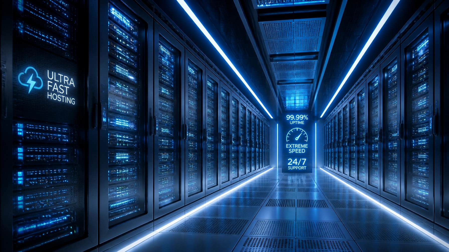 Data center corridor with blue neon lighting and rows of server racks; Ultra Fast Hosting branding visible on the left panel.