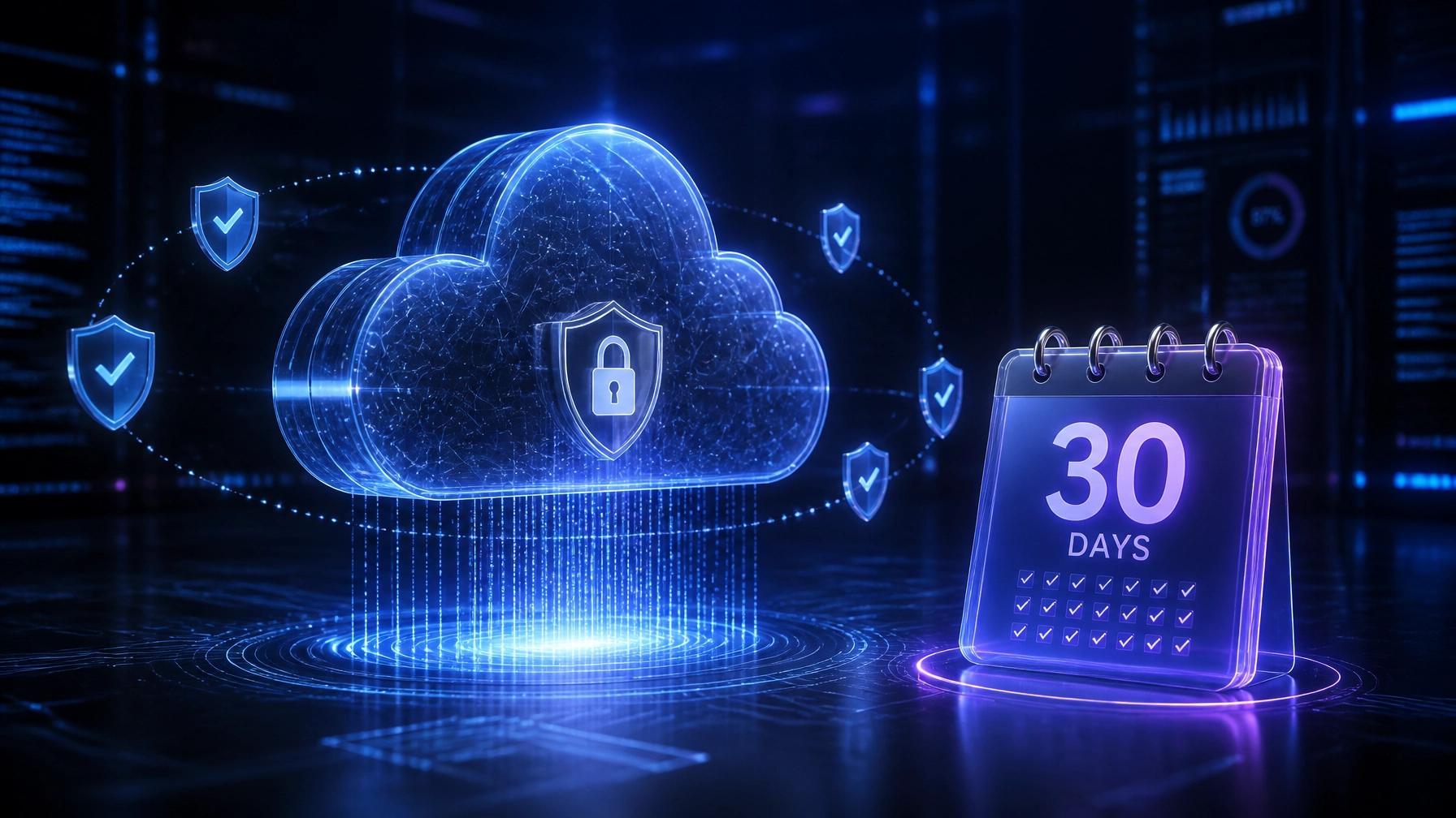 Blue neon cloud with a padlock and shield icons connected to a glowing 30-day calendar, depicting cloud security and backups in a digital environment.