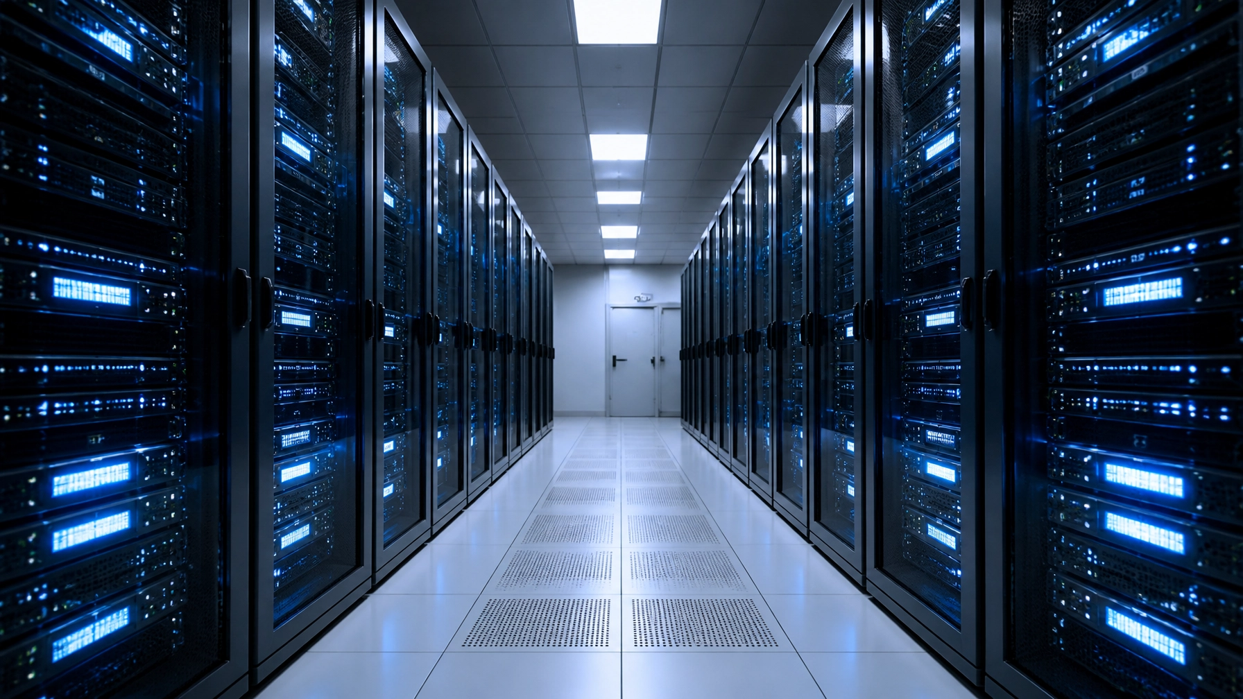 Data center corridor with rows of server racks and blue LED lights seen from the aisle center.