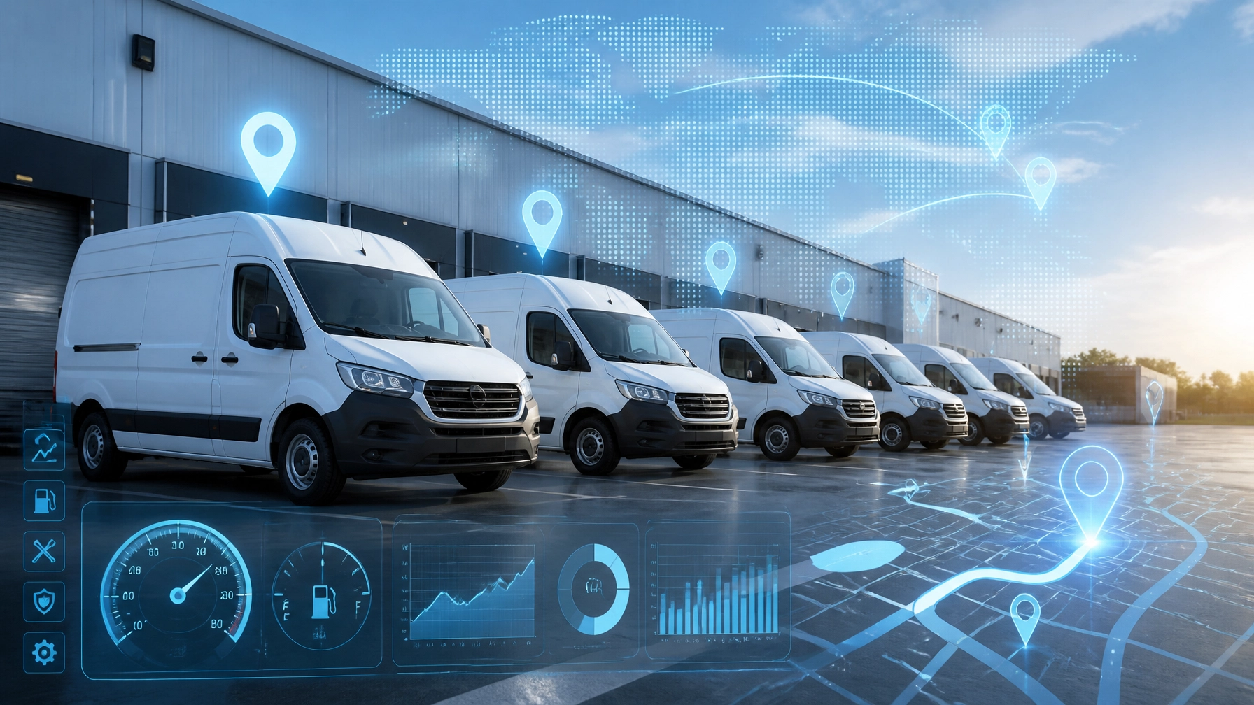 Fleet of white delivery vans parked outside a warehouse with blue holographic location pins and data overlays suggesting fleet tracking.