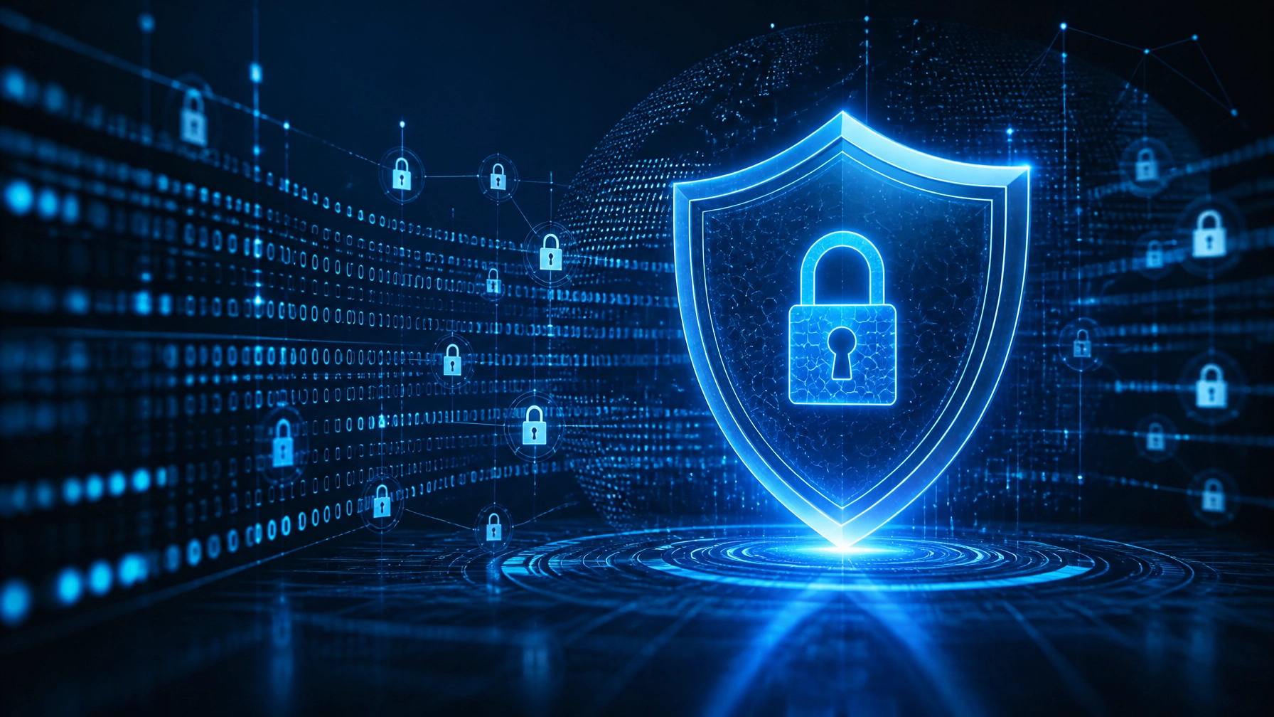 Blue holographic shield with a glowing padlock, symbolizing cybersecurity and data protection.